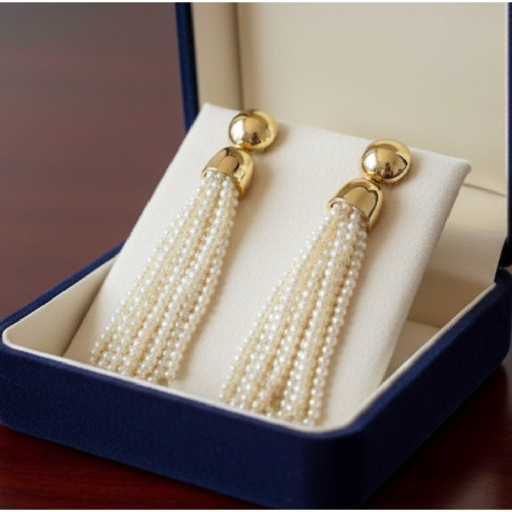 Vintage FAUX PEARL EARRINGS Tassel Fringe Dangle Beaded Gold Tone Party Chic